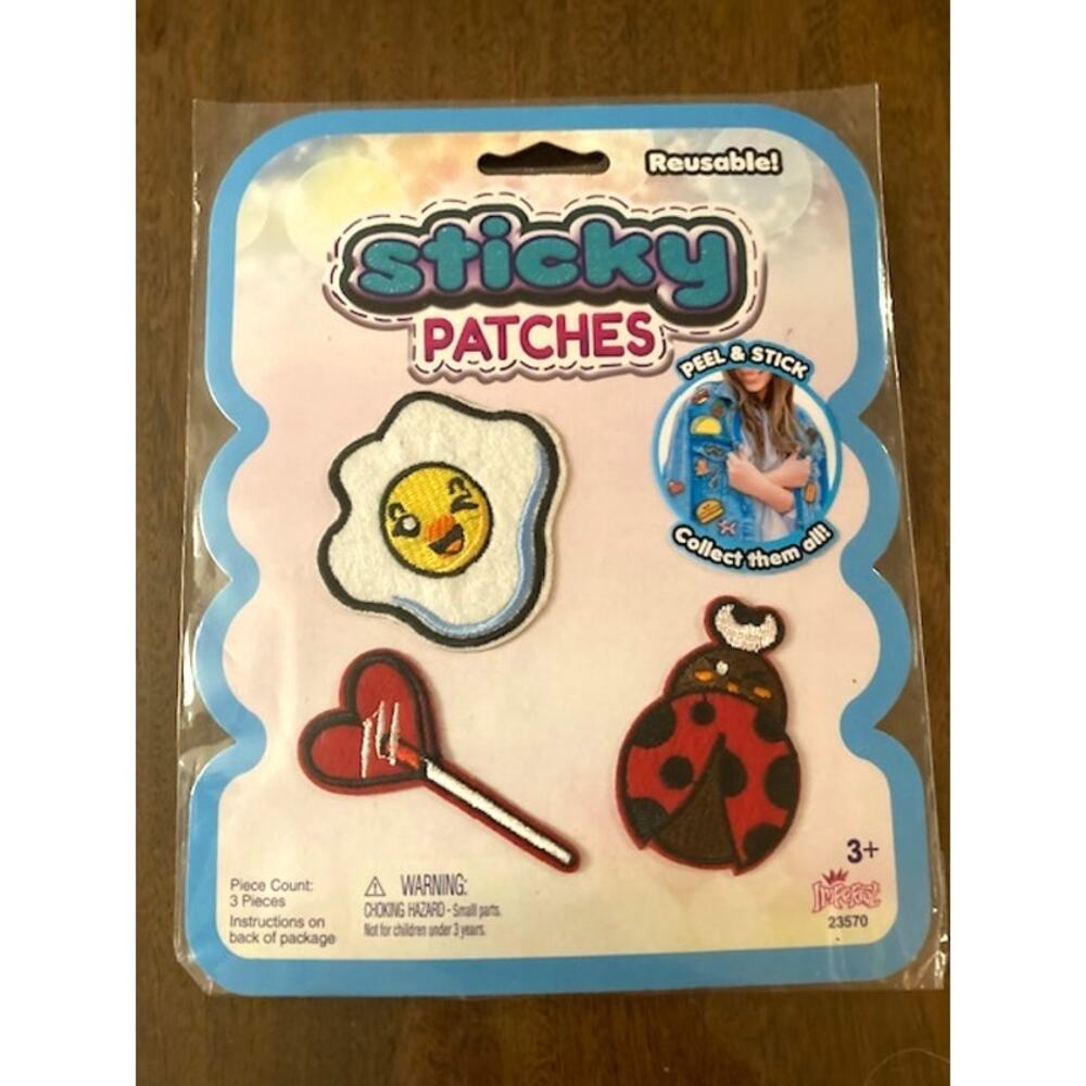 New! Reusable Sticky Patches - Fried Egg, Heart Lollipop, & Ladybug Patch